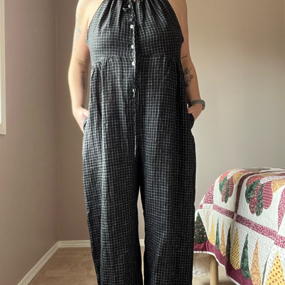 Black Checkered Women's Linen Romper